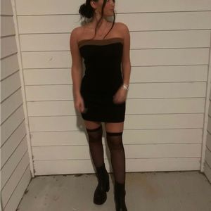 Worn once strapless black dress, brown trim